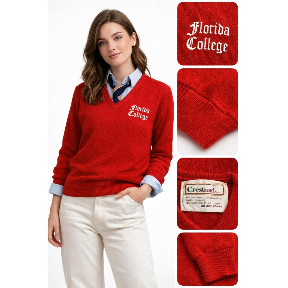 Vintage Florida College Sweater‎ Red V Neck Crestland Classic Preppy USA Medium